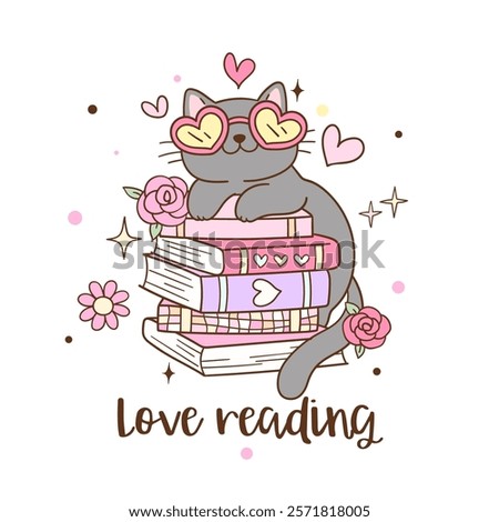 Draw vector illustration happy cat with book Lover bookish Love reading Printable for shirt Doodle cartoon style