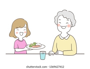 Draw vector illustration happy girl serving food to elderly senior grandmother with love.Isolated on white.Doodle cartoon style.