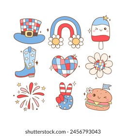 Draw vector illustration happy groovy 4th of July Hippie patriotic Independence day Printable shirt Doodle cartoon style