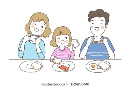 Draw vector illustration happy mother and father and their daughter eating breakfast together so funny.Family concept.Isolated on white.Doodle cartoon style.