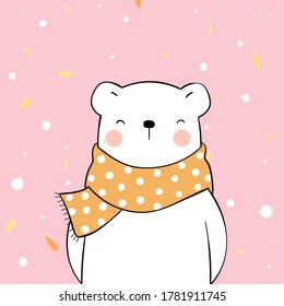 Draw vector illustration happy polar bear with beauty scarf for Autumn season.Doodle cartoon style.