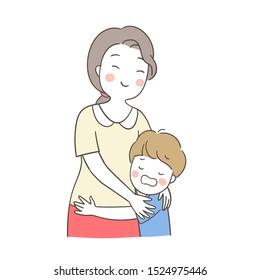 Draw vector illustration mother hug and comforting her son A boy crying so sad and afraid something.Family concept.Isolated on white.Doodle cartoon style.