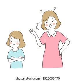 Dibuja ilustración vectorial madre gritando a la hija Una chica enojada y peleando con mamá. Concepto familiar. Aislado en el estilo de dibujos animados Doodle.