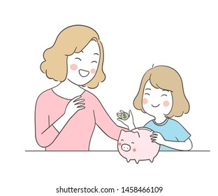 Draw Vector Illustration Mother Teaching A Girl To Saving Money.Family Concept.Doodle Cartoon Style.