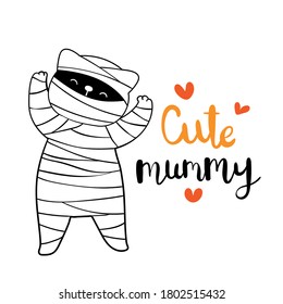 Draw vector illustration mummy cat for Halloween day.Doodle cartoon style.