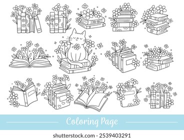 Draw vector illustration outline floral books coloring page Book lover Printable activity art