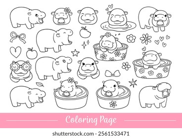 Draw vector illustration outline funny baby hippo Trendy animal Printable coloring page