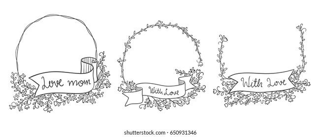 Draw vector illustration outline greeting card and beauty flowers frame.Doodle style.