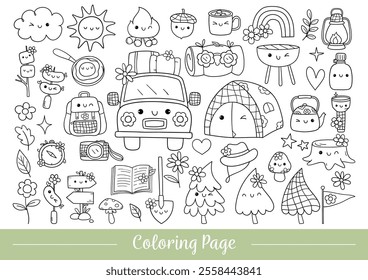 Draw vector illustration outline groovy camping Summer camp Activity for kid Printable coloring page