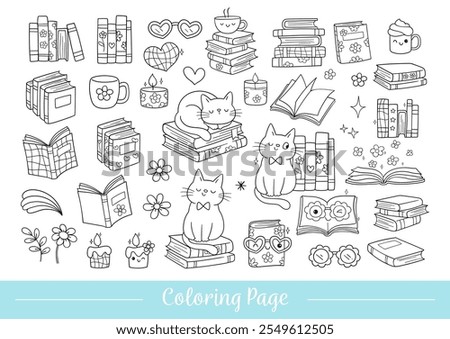 Draw vector illustration outline retro books coloring page Trendy groovy bookish Book lover Printable activity art