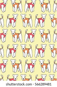 Draw vector illustration pattern background terrier dog on yellow pastel.Doodle style.