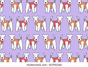 Draw vector illustration pattern background terrier dog on purple color.Cartoon style.