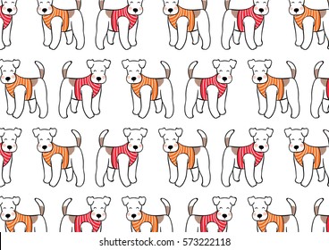 Draw vector illustration pattern background terrier dog on white color.