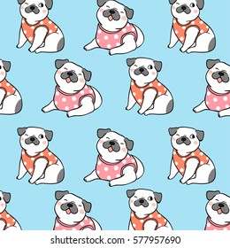 Draw vector illustration pattern background of sweet pug dog on blue color.Doodle style