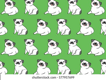 Draw vector illustration pattern background of white pug dog on green color.
