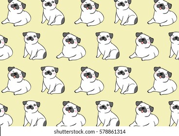 Draw vector illustration pattern background of white pug dog on yellow pastel color.