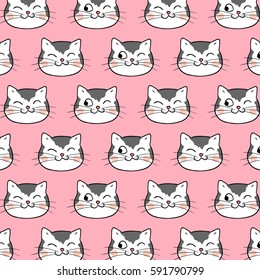 Draw vector illustration pattern background head of cat on pink color.