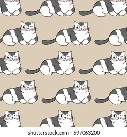 Draw vector illustration pattern background of cute cat on brown pastel.