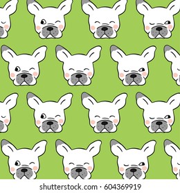 Draw vector illustration pattern background of head pug dog on green.
