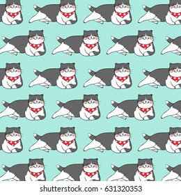 Draw vector illustration pattern background of cute cat on green.