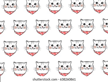 Draw vector illustration pattern background of head adorable cat.