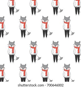 Draw vector illustration pattern background design of wolf for autumn with beauty leave fall.Doodle cartoon style.