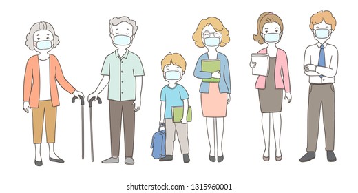 Draw vector illustration people wearing mask protect from PM2.5 dust, elderly senior man, woman, student, teacher and businessman.Health care concept.Doodle cartoon style.