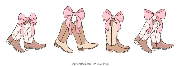 Draw vector illustration pink coquette cowgirl boots Cherry bows Soft girl Trendy girly For valentines day Doodle cartoon style