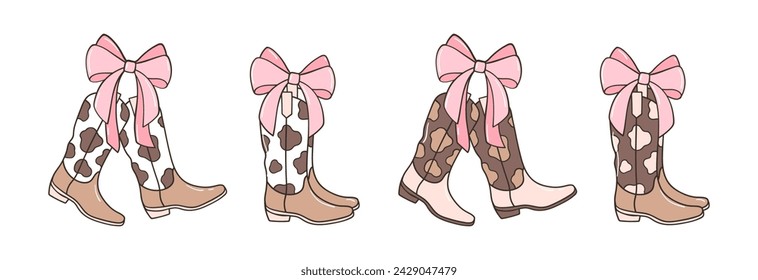 Draw vector illustration pink coquette bow with cowgirl boots Cherry bows Soft girl Trendy girly For valentines day Doodle cartoon style