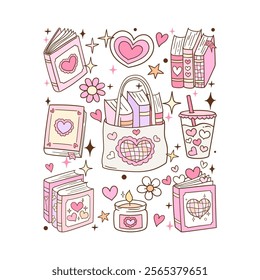 Draw vector illustration pink groovy valentine bookish Trendy retro book lover Printable for shirt Doodle cartoon style