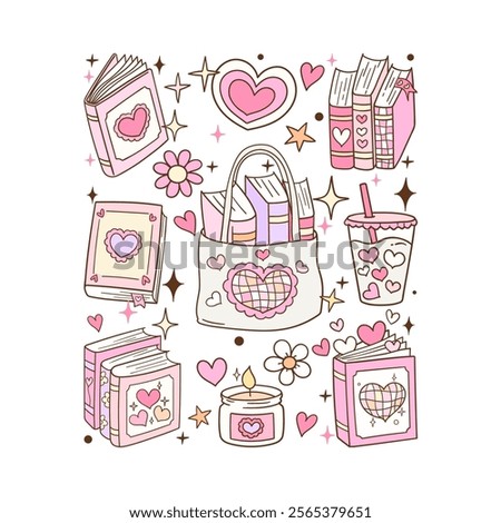 Draw vector illustration pink groovy valentine bookish Trendy retro book lover Printable for shirt Doodle cartoon style