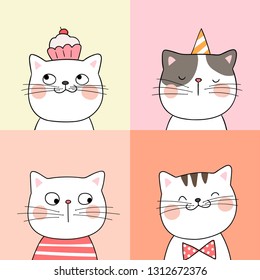 Draw vector illustration portrait of cute cat on pastel color.Doodle style.