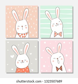 Draw vector illustration portrait of cute rabbit on sweet pastel color.Doodle style.