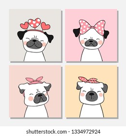 Draw vector illustration portrait of cute pug dog with bow on head For greeting card and wallpaper.Doodle style.