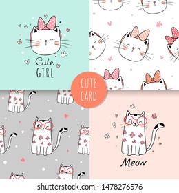 Draw vector illustration print pattern cute cat for fabric textiles kids.Doodle cartoon style.