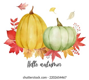 Draw vector illustration pumpkin arrangement with red leaves For Autumn Harvest Thanksgiving card Watercolor style