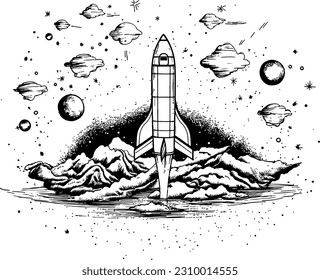 Draw a vector illustration of a rocket surrounded by stars in outer space. black and white color
