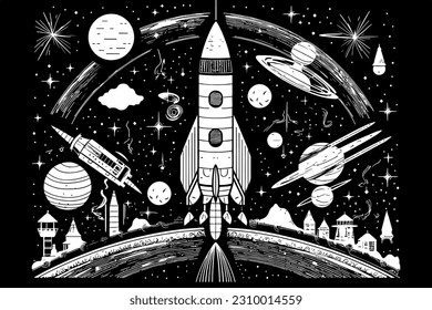 Draw a vector illustration of a rocket surrounded by stars in outer space. black and white color
