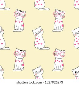 Draw vector illustration seamless pattern background cute cat on yellow pastel color.Doodle cartoon style.