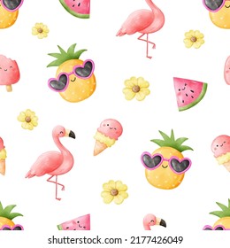 Draw vector illustration seamless pattern funny watermelon pineapple flamingo for summer Watercolor style