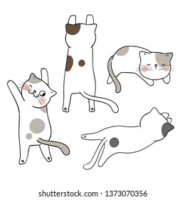 Draw vector illustration set adorable cat different pose.Isolated on white.Doodle cartoon style.