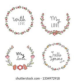 Draw vector illustration set beauty wreath flower for spring season.Doodle style.