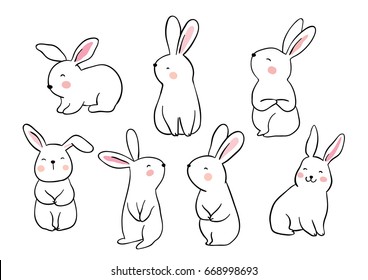 Draw Vector Illustration Set Character Design Of Cute Rabbit.Doodle Style.