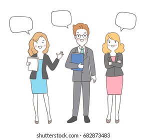 Draw vector illustration set character design different pose of business man and woman with speech bubble.Doodle cartoon style.