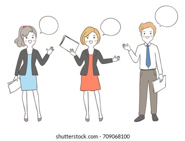 Draw vector illustration set character design  of business man and woman different present pose with speech bubble.Doodle cartoon style.