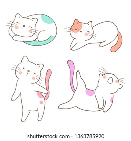 Draw vector illustration set cute cat different pose pastel color.Isolated on white.Doodle cartoon style.