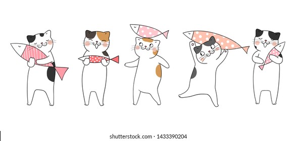 Draw vector illustration set cute cat holding fish on white color.Doodle cartoon style.