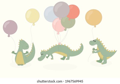 Dibujar ilustración vectorial conjunto de lindos dinosaurios sosteniendo globos color pastel dulce. Aislado en blanco. Estilo de dibujos animados Doodle.