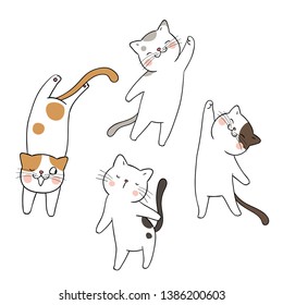Draw vector illustration set funny cat different pose.Isolated on white.Doodle cartoon style.
