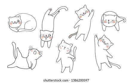 Dibuja ilustraciones vectoriales conjunto esquema de un gato lindo diferente pose. Estilo de dibujo animado Doodle.